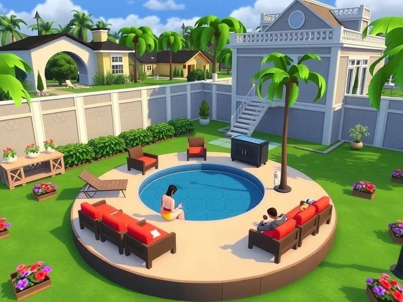 A beautifully designed modern pool in The Sims 4 with lounge chairs and landscaping