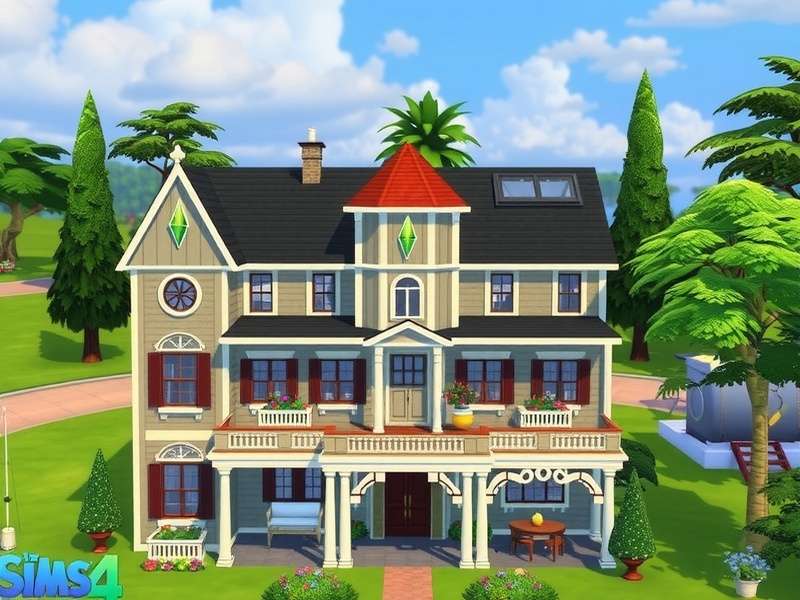 A vibrant virtual house from The Sims game with colourful furniture and decor