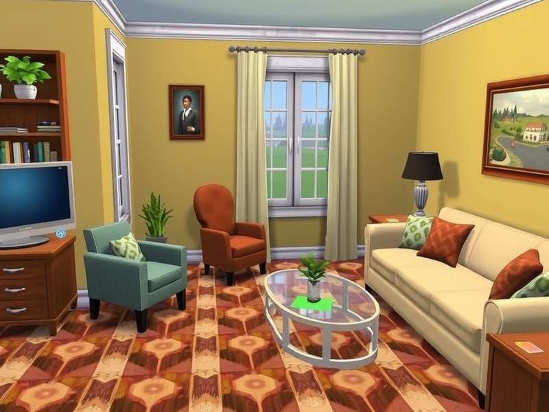 The Sims 4 gameplay screenshot showing a Sim in a modern living room
