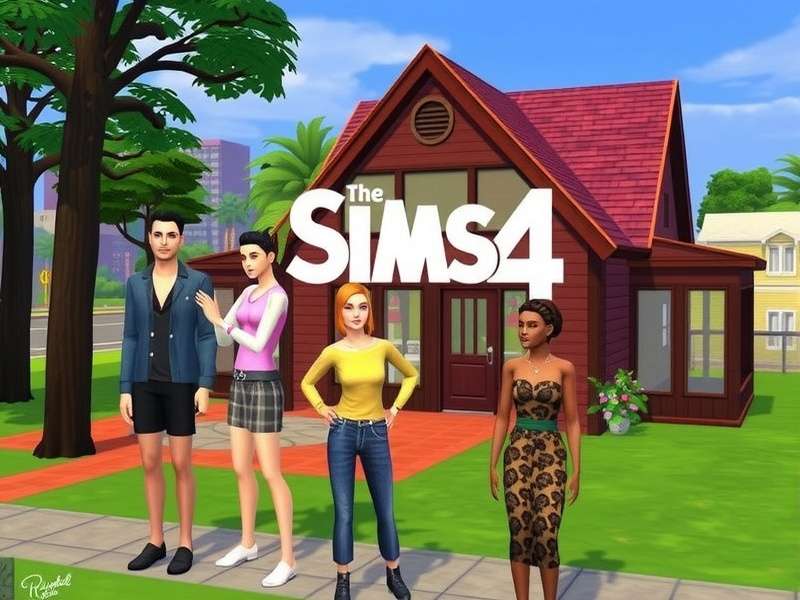 A vibrant digital collage featuring The Sims 4 gameplay elements, building tools, and diverse Sims characters.