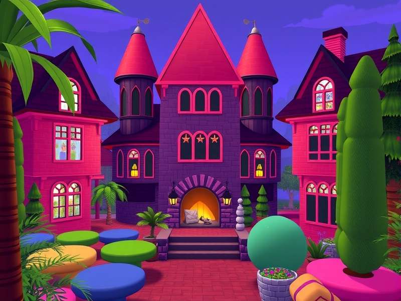 A vibrant digital scene of a Sims house with colourful furniture and a Sim character