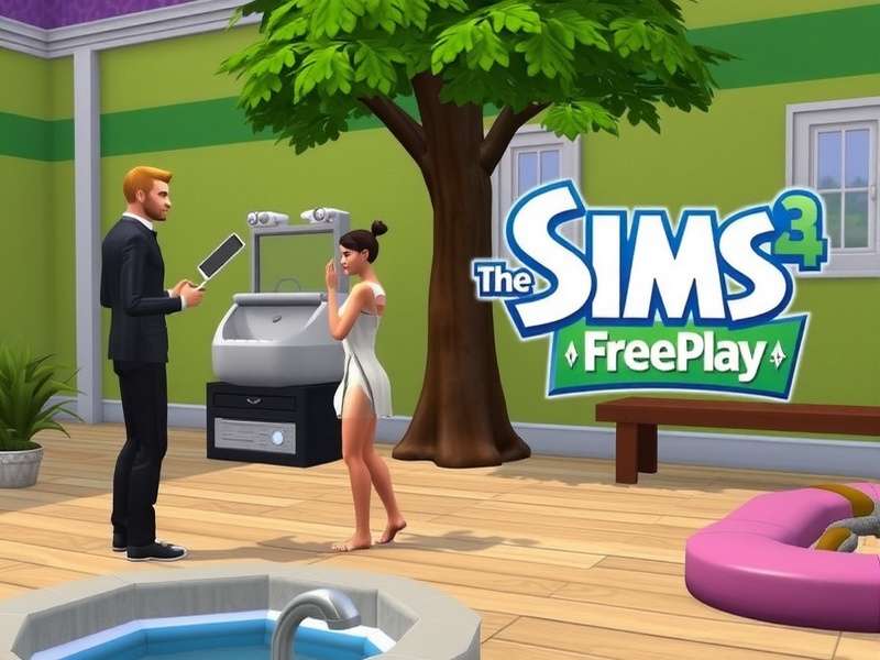 The Sims Freeplay gameplay screenshot showing a vibrant virtual town