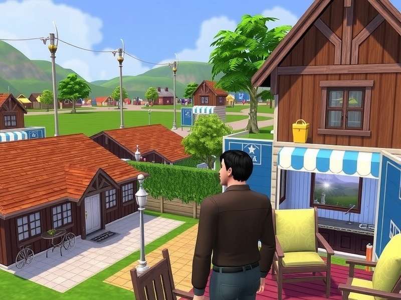 A vibrant, creative setup with a computer running The Sims game, surrounded by concept art and notes