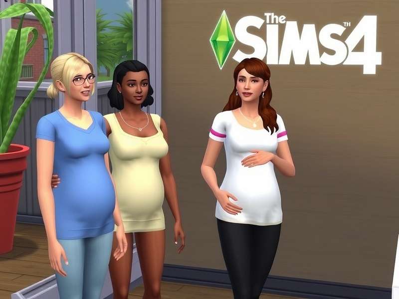 A Sims 4 family with a pregnant Sim interacting in a beautifully decorated nursery