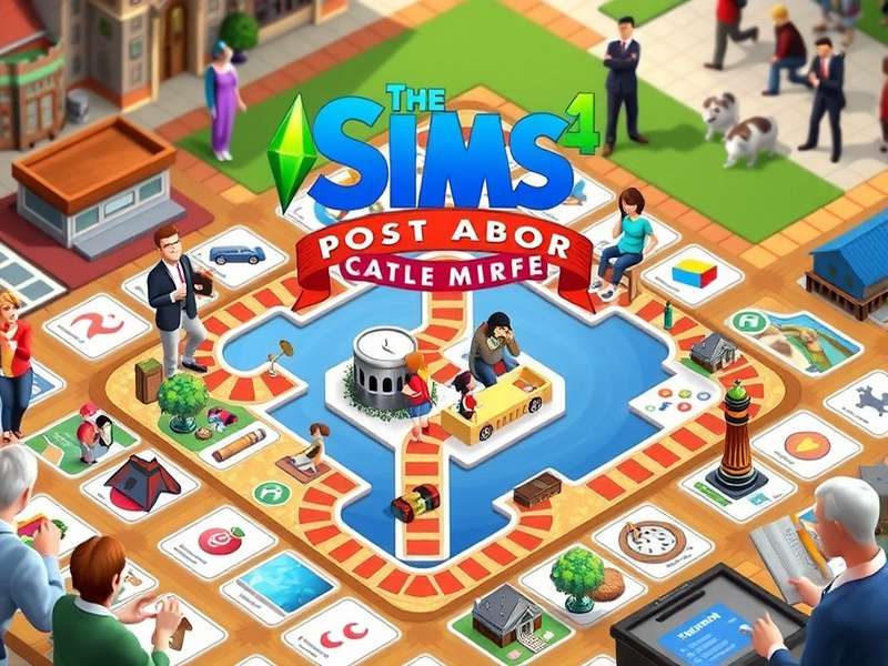 The Sims Board Game box and components laid out on a wooden table, with dice and life tokens