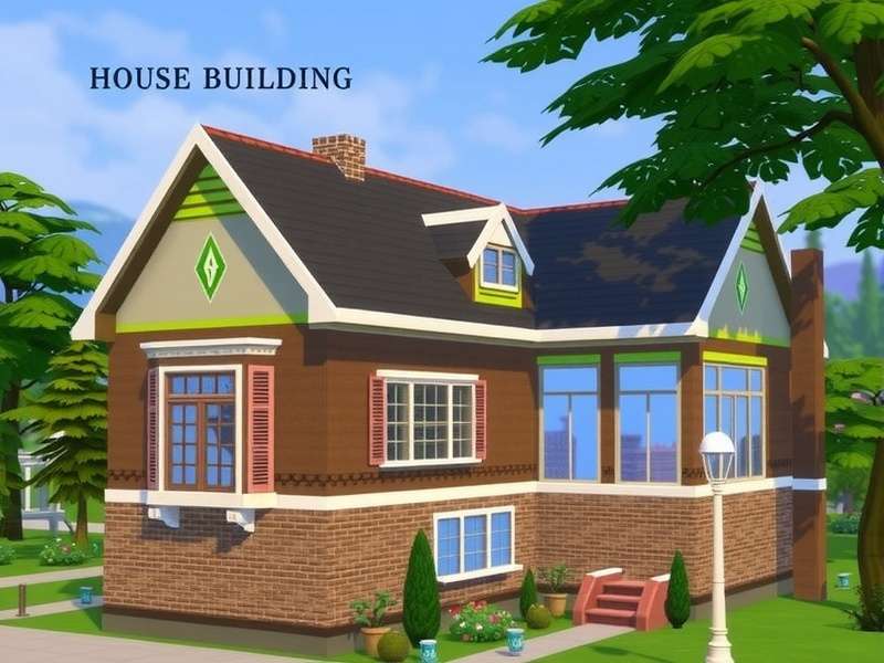 The Sims 4 House Building – Build Mode overview showing a traditional British brick house with garden