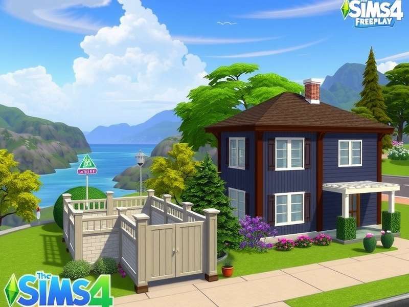 The Sims Freeplay gameplay screenshot showing a vibrant SimTown neighbourhood with British-inspired architecture