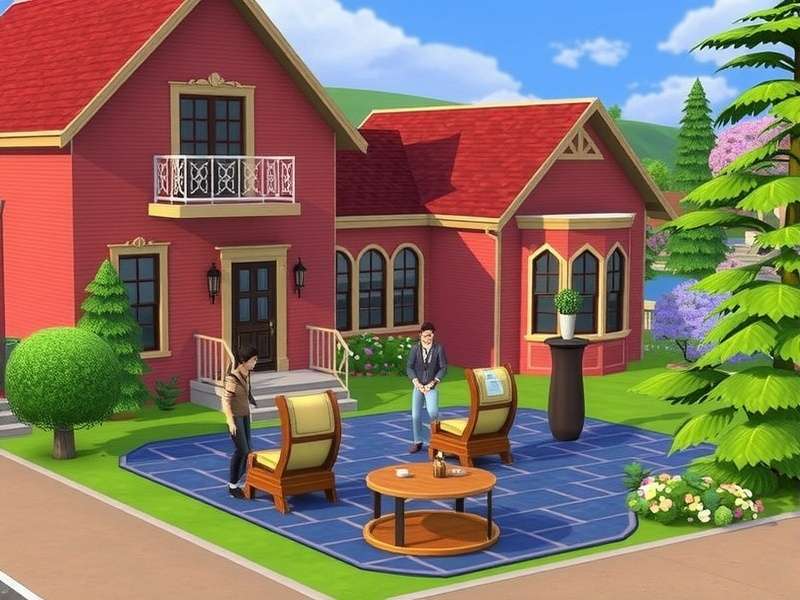 The Sims Game build mode showing a cosy British-style cottage with garden
