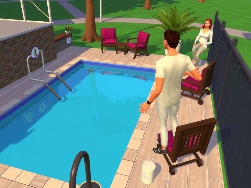 Beautiful resort-style The Sims Pool with palm trees and sunset lighting