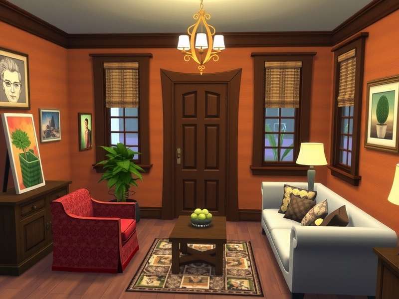 The Sims gameplay screenshot showing a family in a modern living room with custom furniture and decor